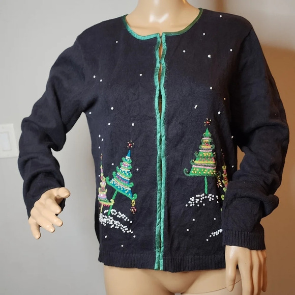 Talbots Christmas Tree Embellished Embroidered Knit Sweater Cardigan Size LP VTG - Picture 1 of 16
